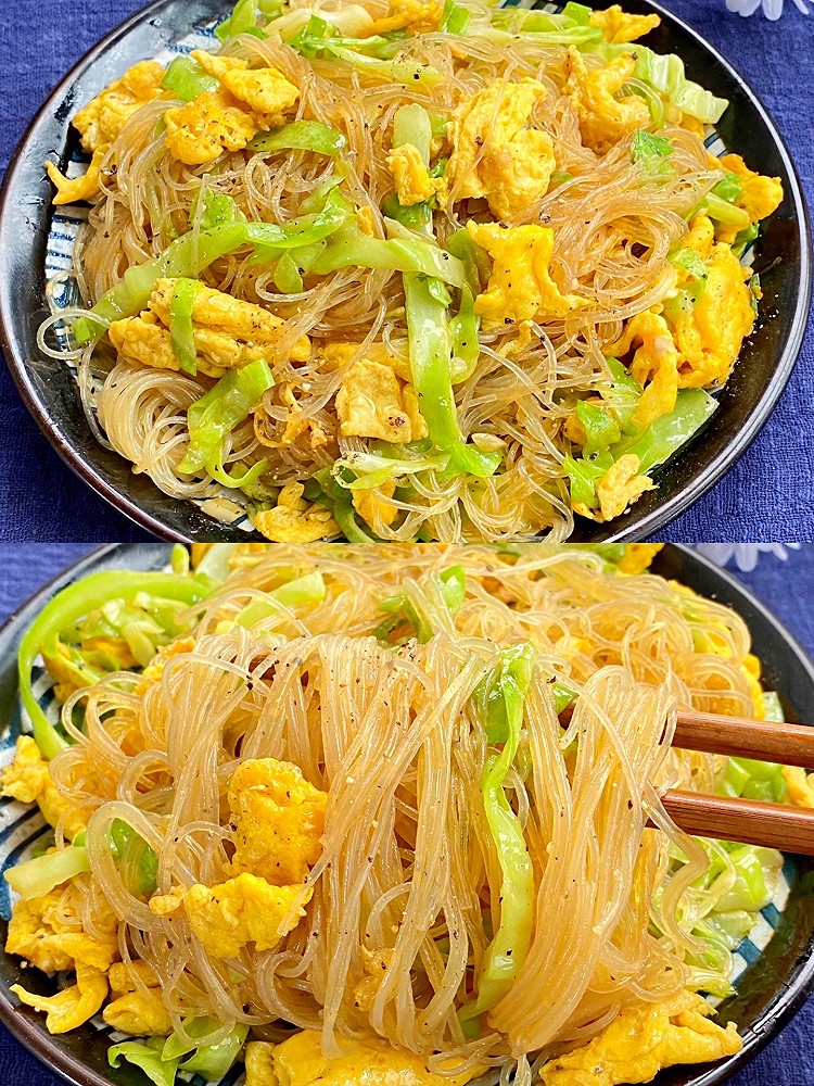 10分钟家常菜，巨好吃的包菜粉丝炒鸡蛋的做法