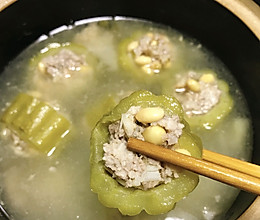 #旅行中的美味#苦瓜酿黄豆肉馅--清热解暑、好吃营养下火!